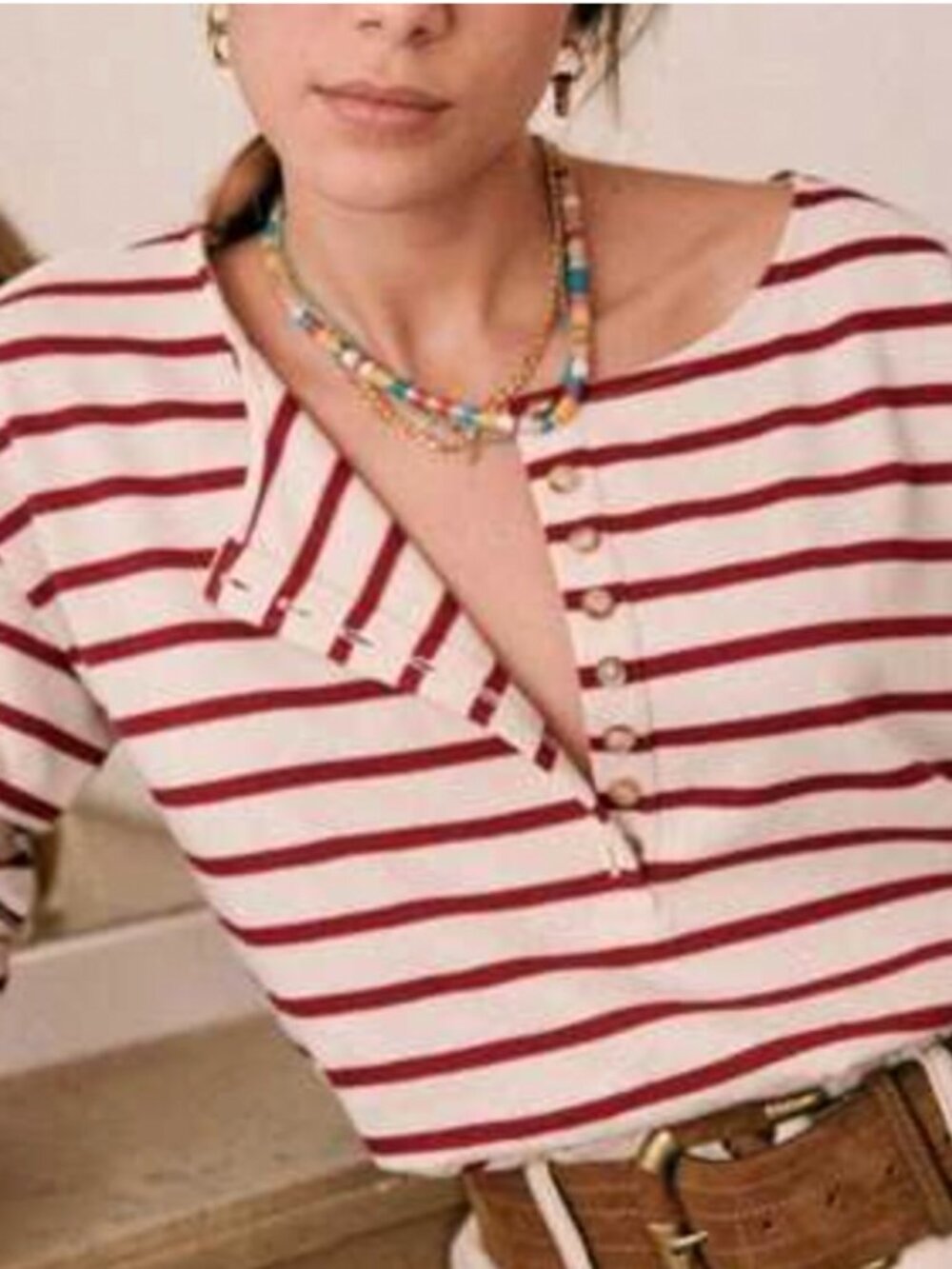 Sezane Gatsby Cream and Burgundy Striped Button-Front Top